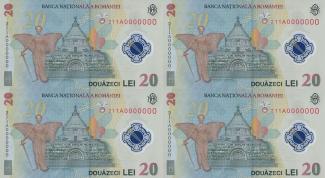 Romania 20 Lei, 2021-2023 P-119 - Serial # prefix 25 - uncut sheet of 4 reverse