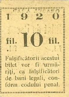 Romanian notgeld 10 Fileri, 1920 reverse