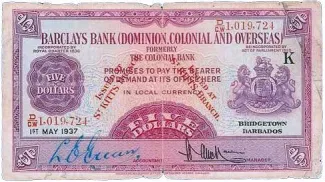 Saint Kitts and Nevis 5 Dollars, 1937 obverse