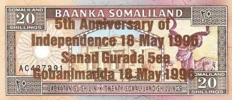 Somaliland 20 Shillings, 1996 P-10 obverse