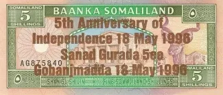 Somaliland 5 Shillings, 1996 P-8 obverse