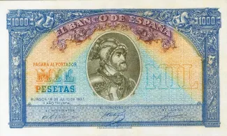 Spain 1,000 Pesetas, 1937 P-106 obverse