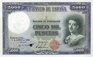 Spain 5,000 Pesetas, 1938 P-92 obverse