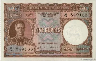 Sri Lanka 5 Rupees - George VI, 1949 image