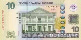 Suriname 10 Dollars, 2010-2019 obverse