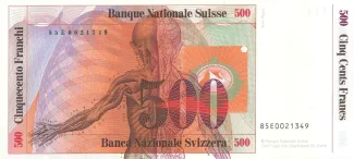 Switzerland 500 Francs 7th, 1985 P-64 reverse