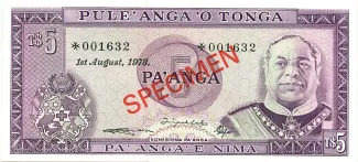 Tonga 5 Pa'anga - Taufa'ahua, 1974-1989 obverse