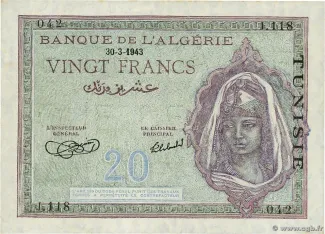 Tunisia 20 Francs, 1943-1945 obverse