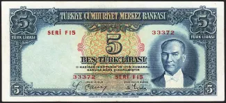 Turkey 5 Lira, 1937 image