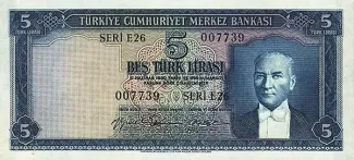 Turkey 5 Lira, 1959 image