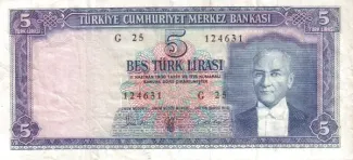 Turkey 5 Lira, 1961 image