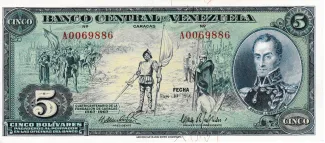 Venezuela 5 Bolivares, 1966 P-49 obverse