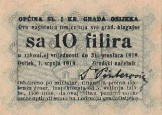 Yugoslavia Notgeld 10 Filira, 1919 obverse