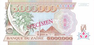 Zaire 5.000.000 Zaires, 1992 - P# 46s; specimen, red overprint SPECIMEN on both sides reverse