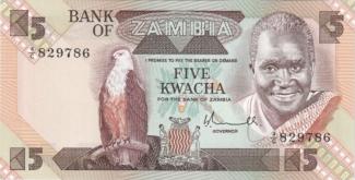 Zambia 5 Kwacha, 1980-1988 P-25 - P#25a; Signature Luke John Mwananshiku obverse