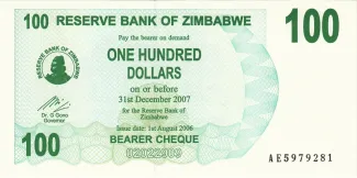 Zimbabwe 100 Dollars, 2006 obverse