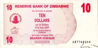 Zimbabwe 10 Dollars, 2006 obverse