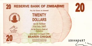 Zimbabwe 20 Dollars, 2006 obverse