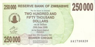Zimbabwe 250.000 Dollars, 2007 obverse