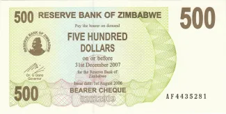 Zimbabwe 500 Dollars, 2006 obverse