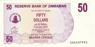 Zimbabwe 50 Dollars, 2006 obverse