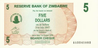 Zimbabwe 5 Dollars, 2006 obverse